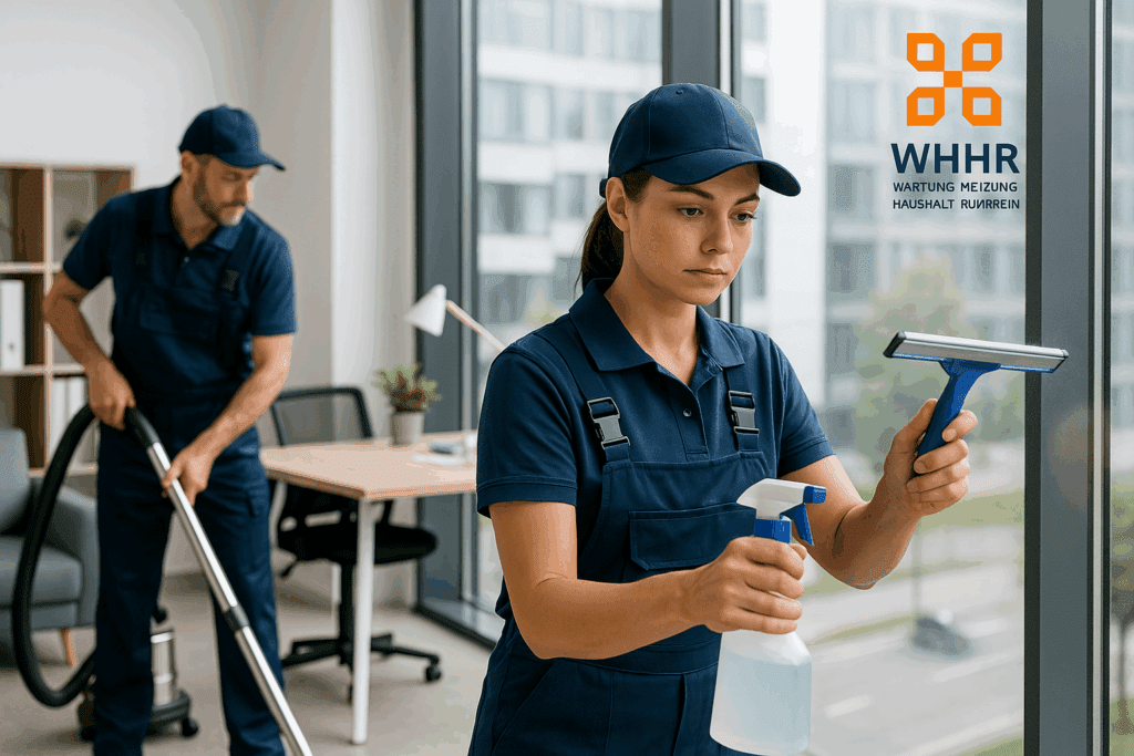 Zwei professionelle Reinigungskräfte von WHHR reinigen ein modernes Büro – eine Person putzt Fenster, die andere saugt den Teppich.