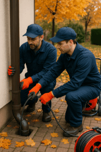 Zwei Handwerker von WHHR-Pro reinigen im Saarpfalz-Kreis ein Fallrohr im Herbst – professionelle Rohrreinigung mit moderner Ausrüstung und regionalem Service