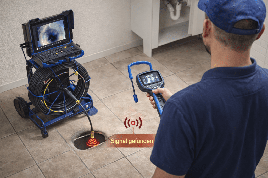 Monteur bei der Leckortung unter den Bodenfliesen im Bad.