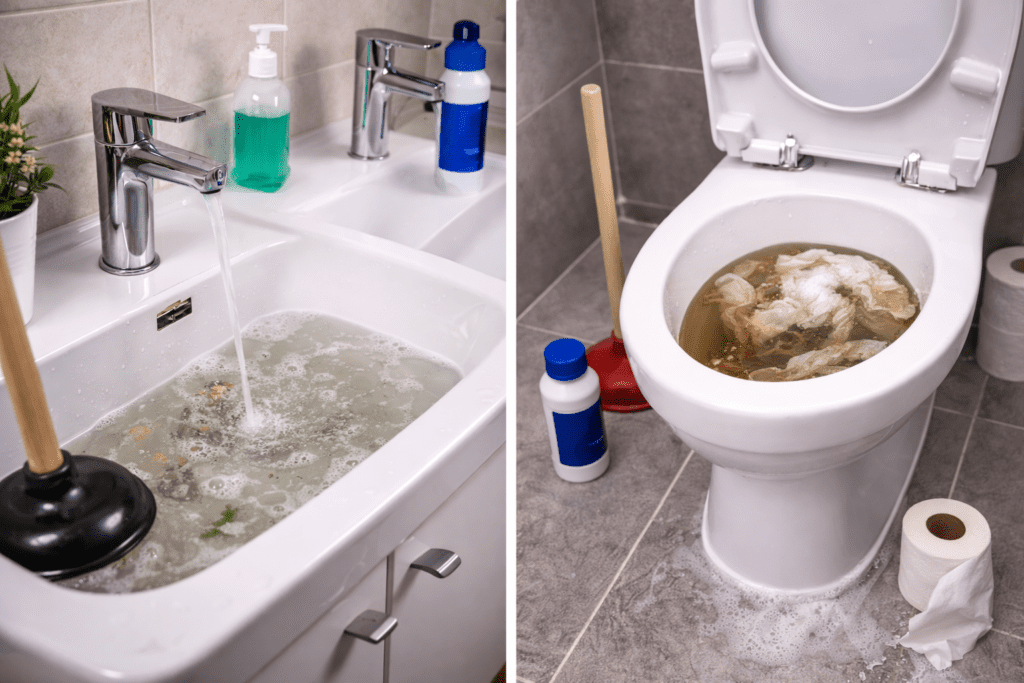 Verstopftes Waschbecken und Toilette