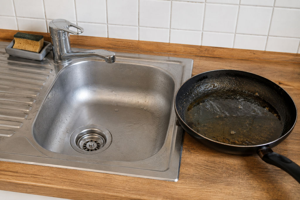 Fettige Pfanne neben Küchenspüle als Hinweis auf Fettablagerungen im Abfluss