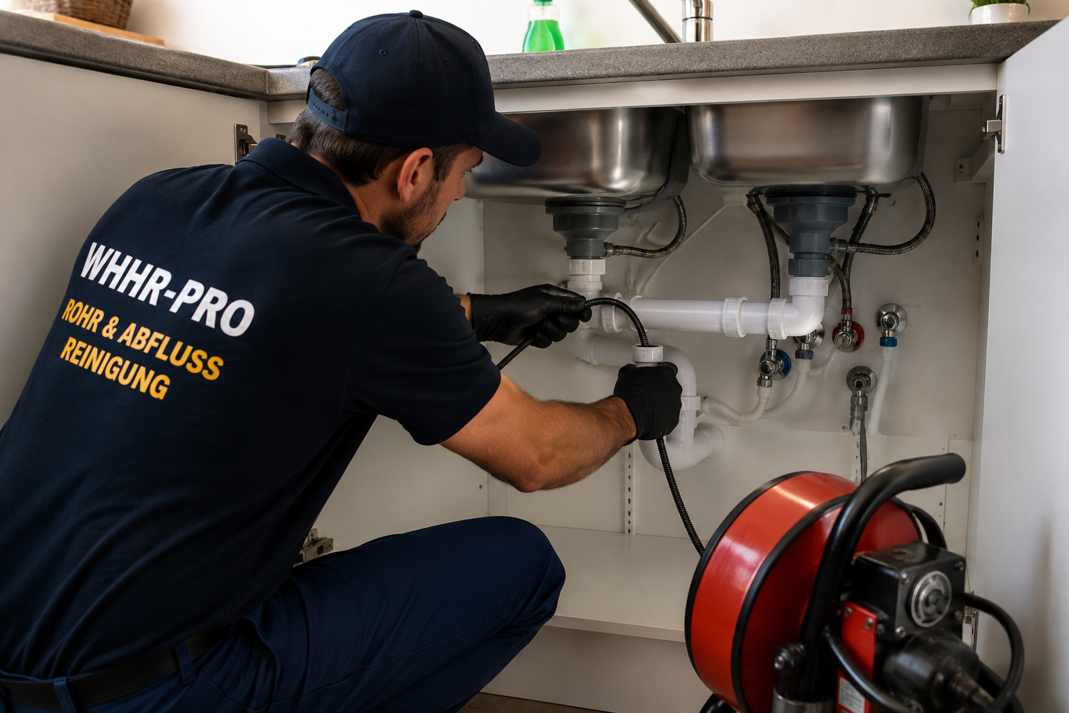 Küchenabfluss reinigen im Saarland unter der Spüle durch WHHR-Pro